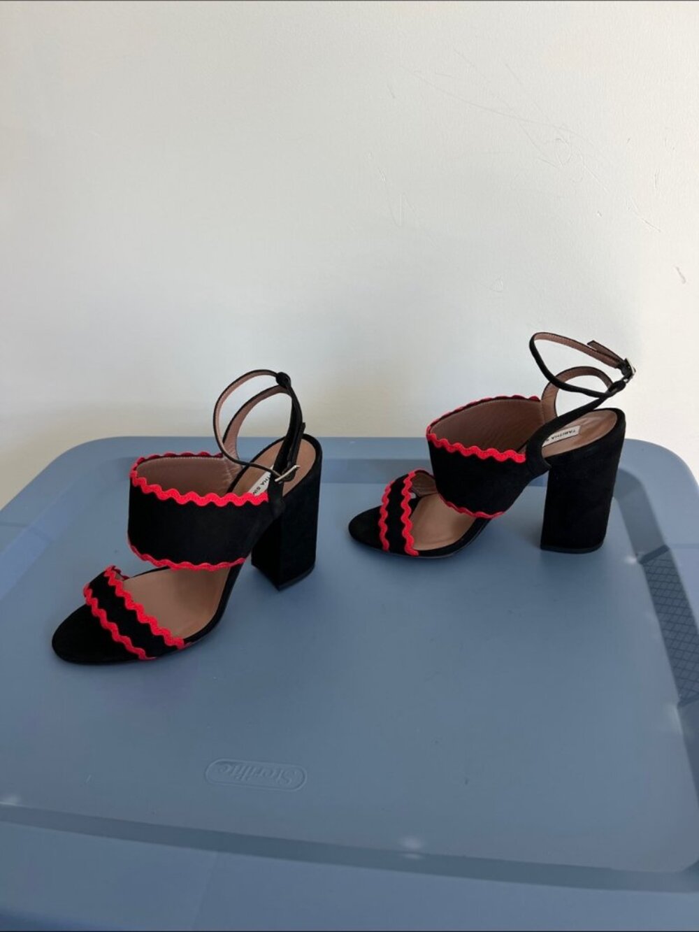 Tabitha Simmons Stevie Black Suede Red Ricrac Block Heel Sandals EU 37 / US 7